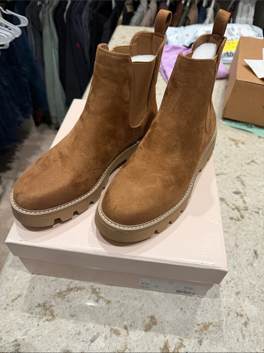 Chinese Laundry Cognac Suede Lug Chelsea Booties